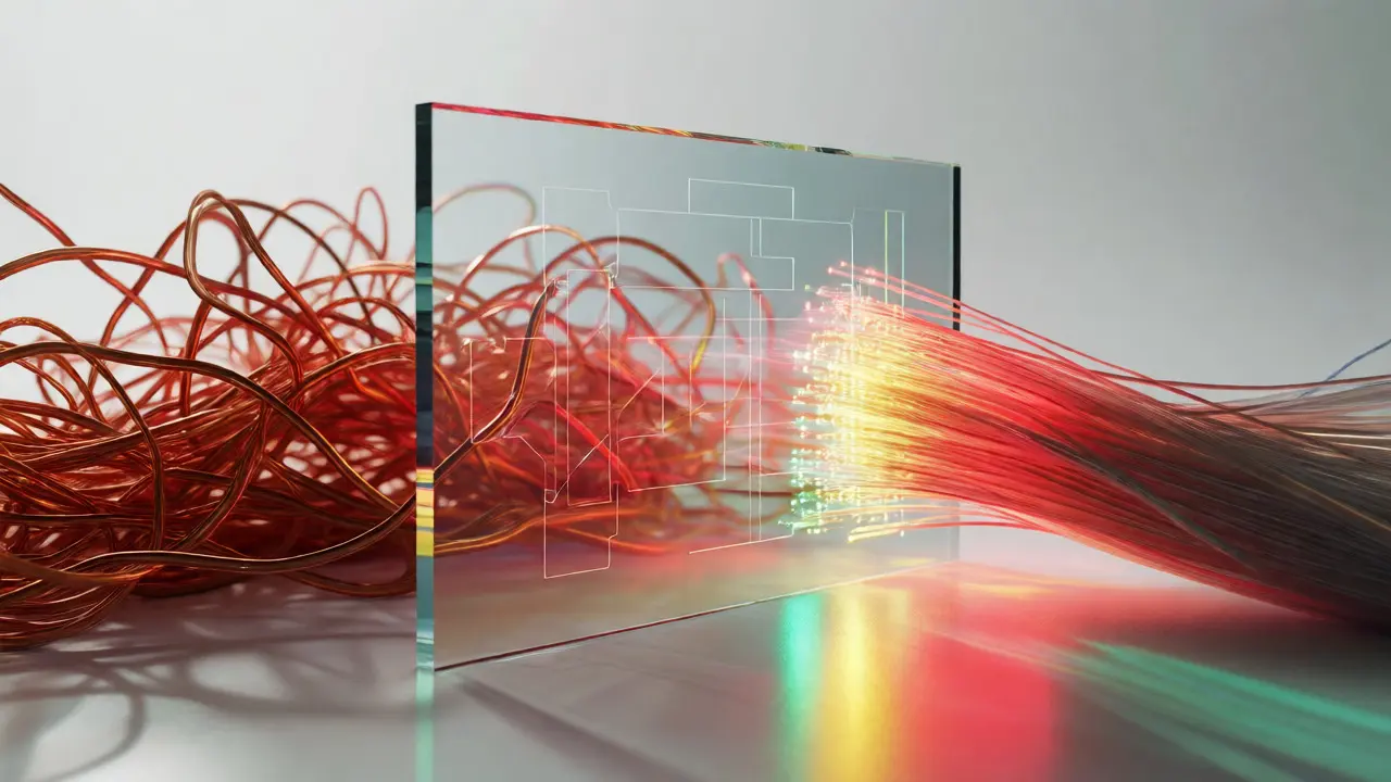 Glass pane filtering tangled wires into organized fibers with colored light refraction.
