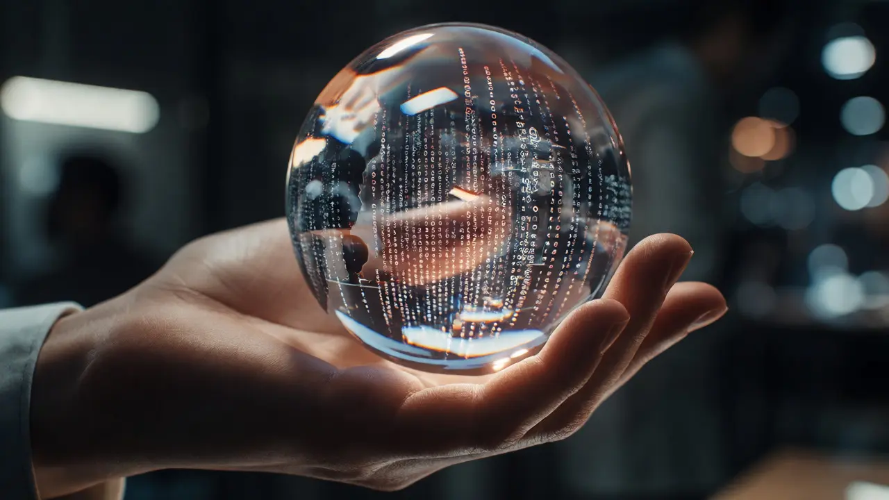 Hand holding a crystal sphere containing swirling code and diverse face silhouettes.