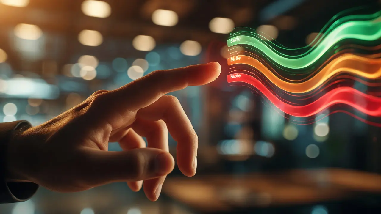 Hand interacting with color-coded holographic AI output filters