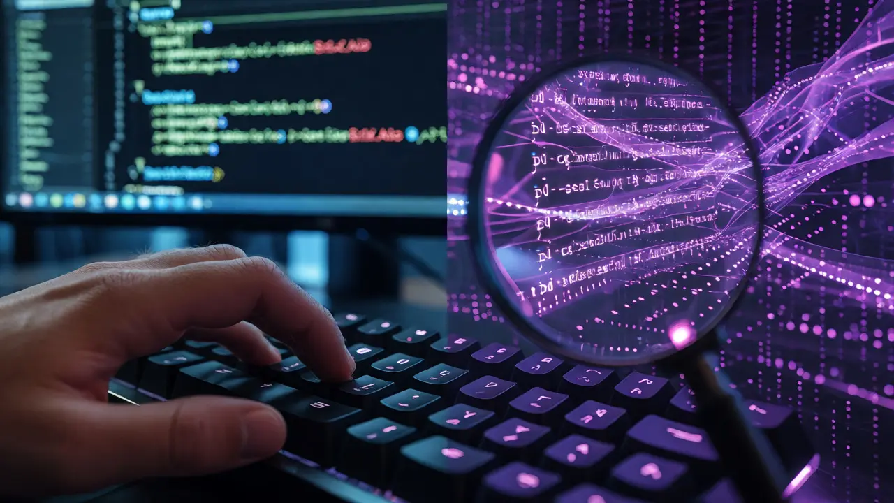 Hands typing code with AI abstraction vs structured logic