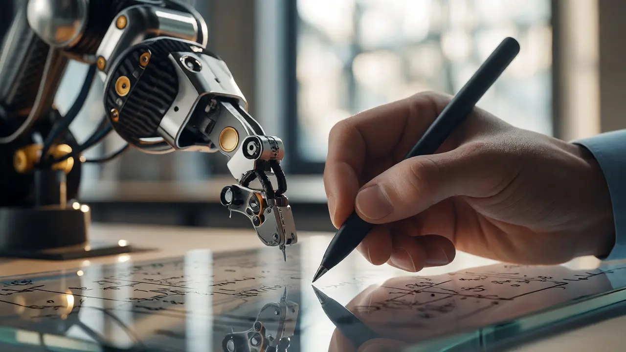 Human hand writing on a tablet with a robotic arm mimicking the motion in a lab.