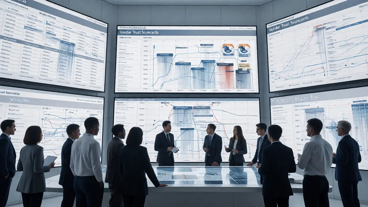 IT team monitoring real-time vendor scorecards and rollback simulations in control room