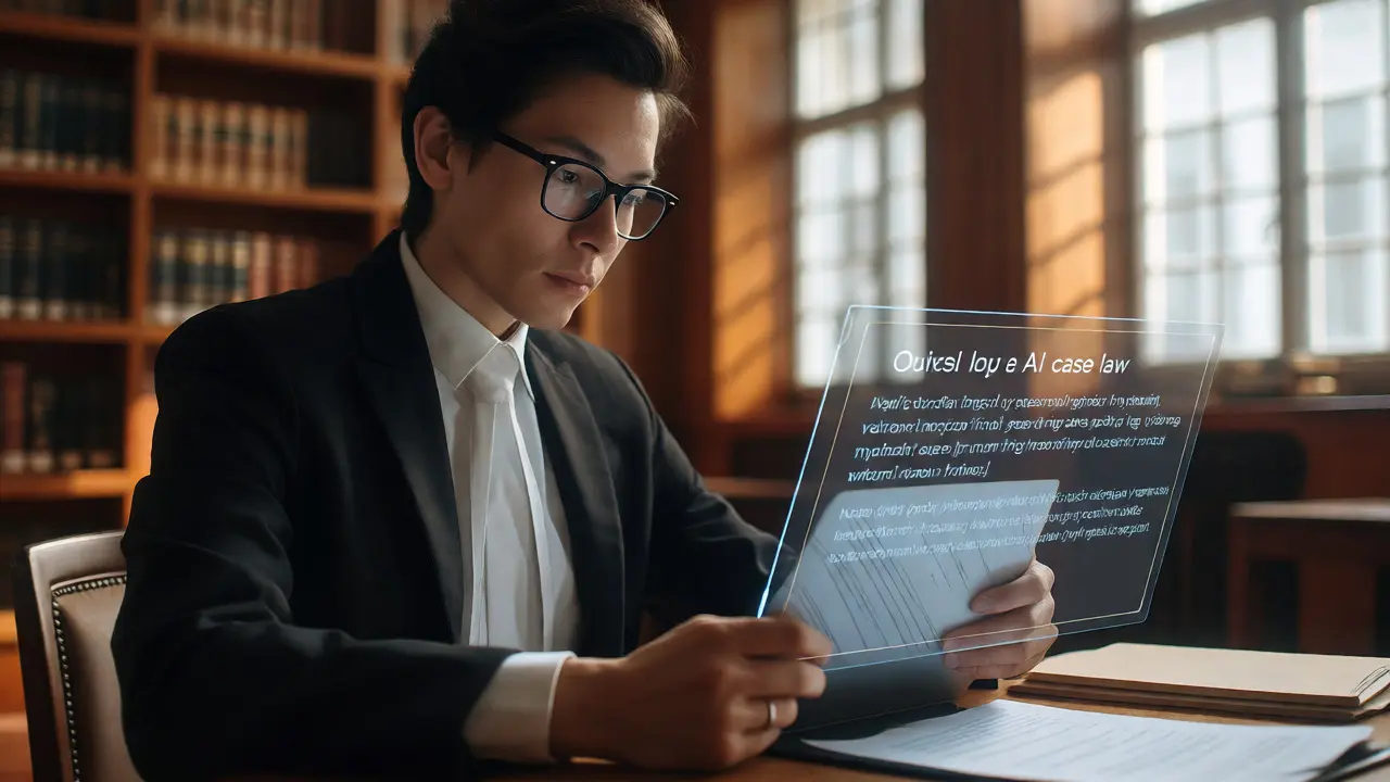 Lawyer reviewing AI-generated advice with transparency overlays