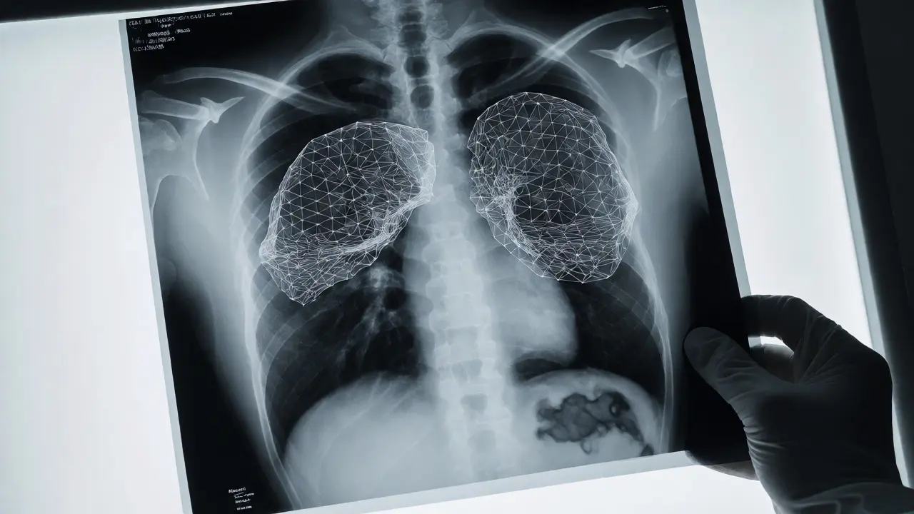 Medical X-ray with digital overlay showing AI analysis of lung patterns.