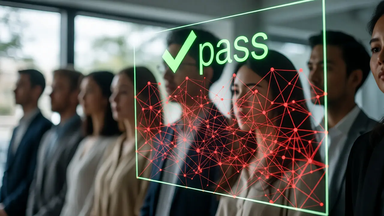 Professionals evaluated by AI with visible hidden bias overlays