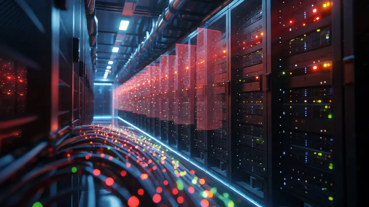 Server room with holographic filters screening data packets for safety