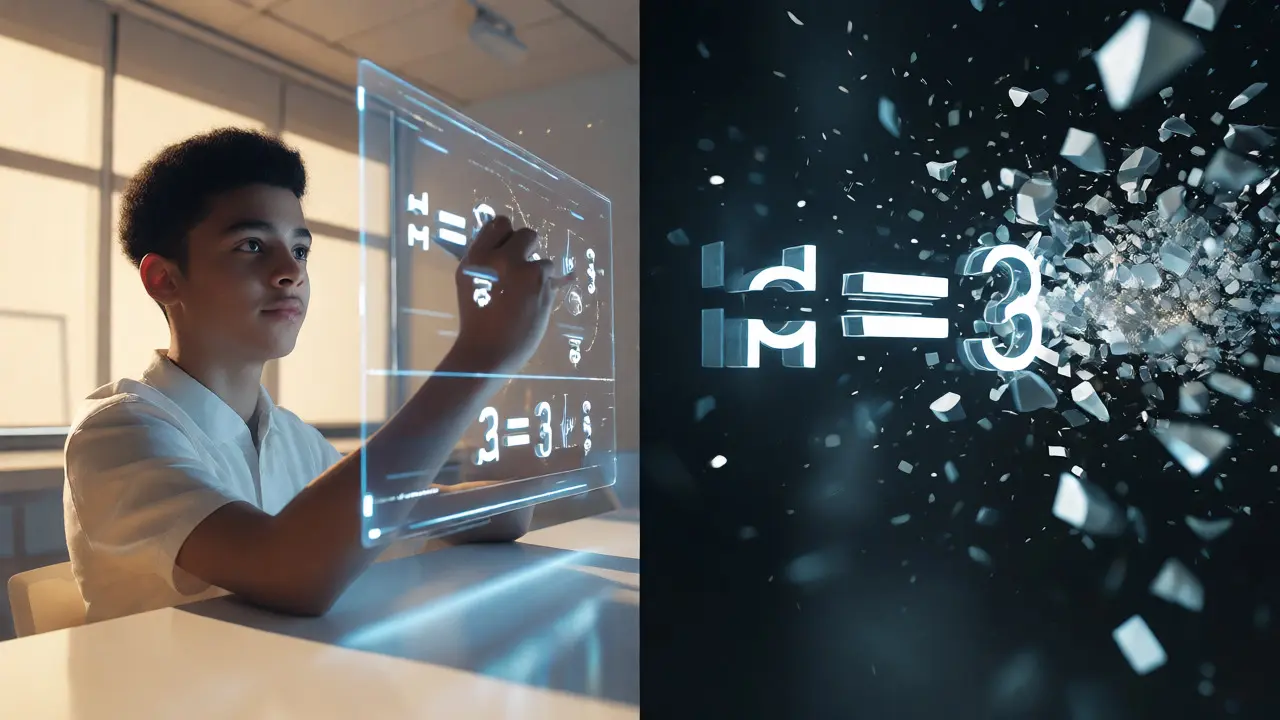 Split view contrasting a student solving math with fragmented equations in a dark space.