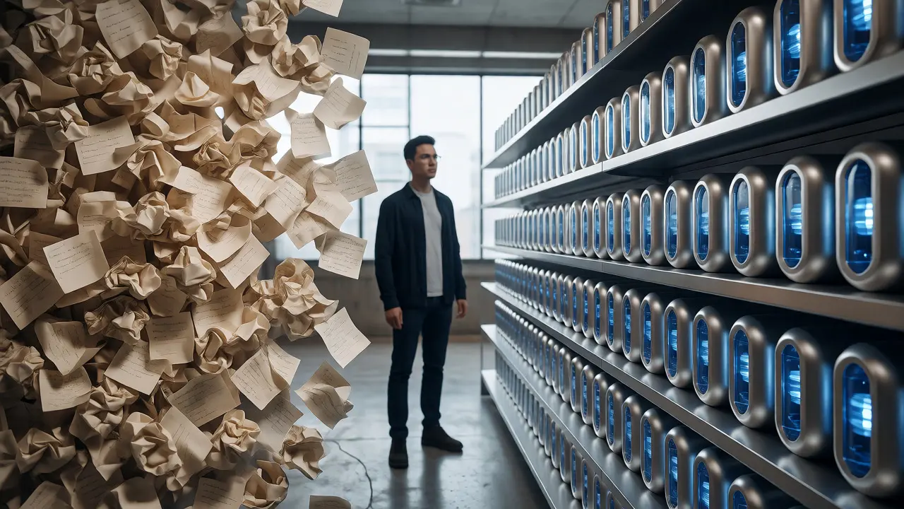 Split view contrasting chaotic paper notes with an organized metallic library of standardized prompt capsules.