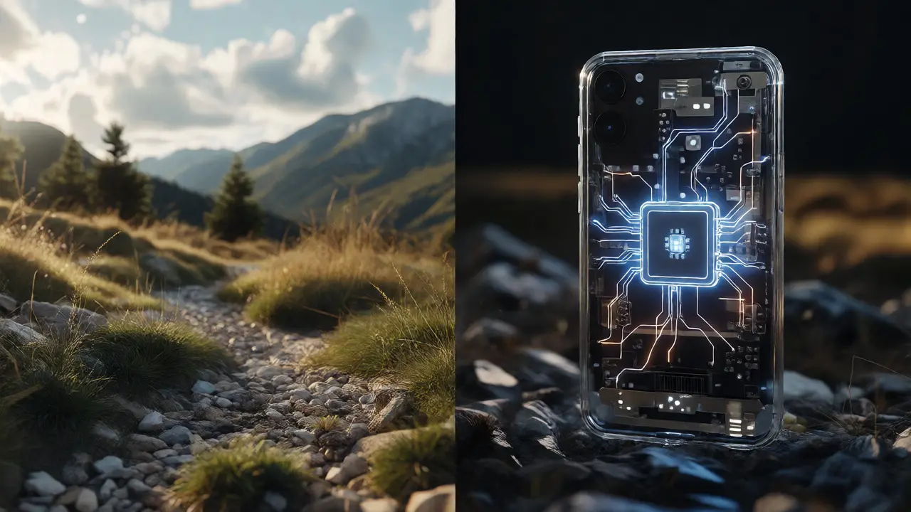 Split view of a remote outdoor location and a smartphone's internal neural chip.