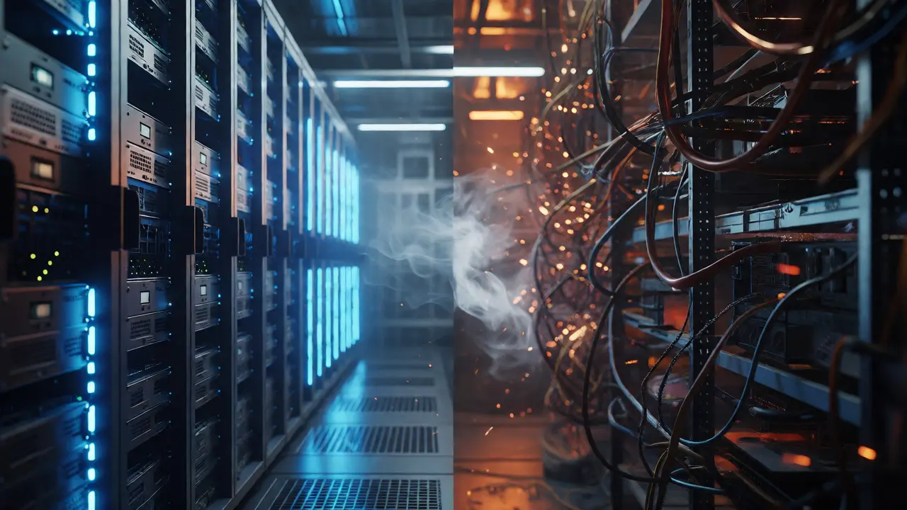 Split view of orderly servers versus chaotic build environments