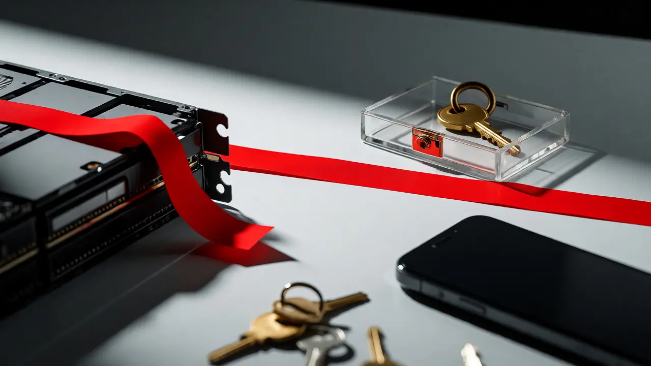 Symbolic still life with red tape, secure key, and server hardware