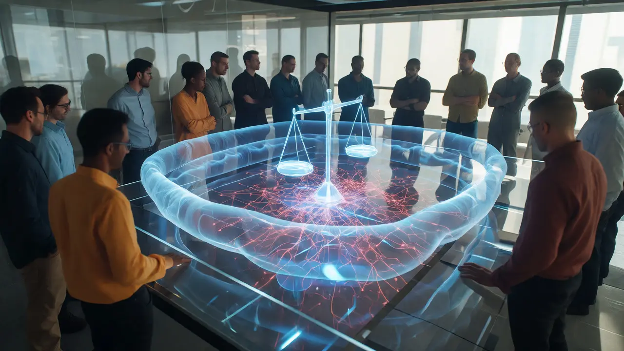 Team analyzing a 3D holographic model of AI guardrails