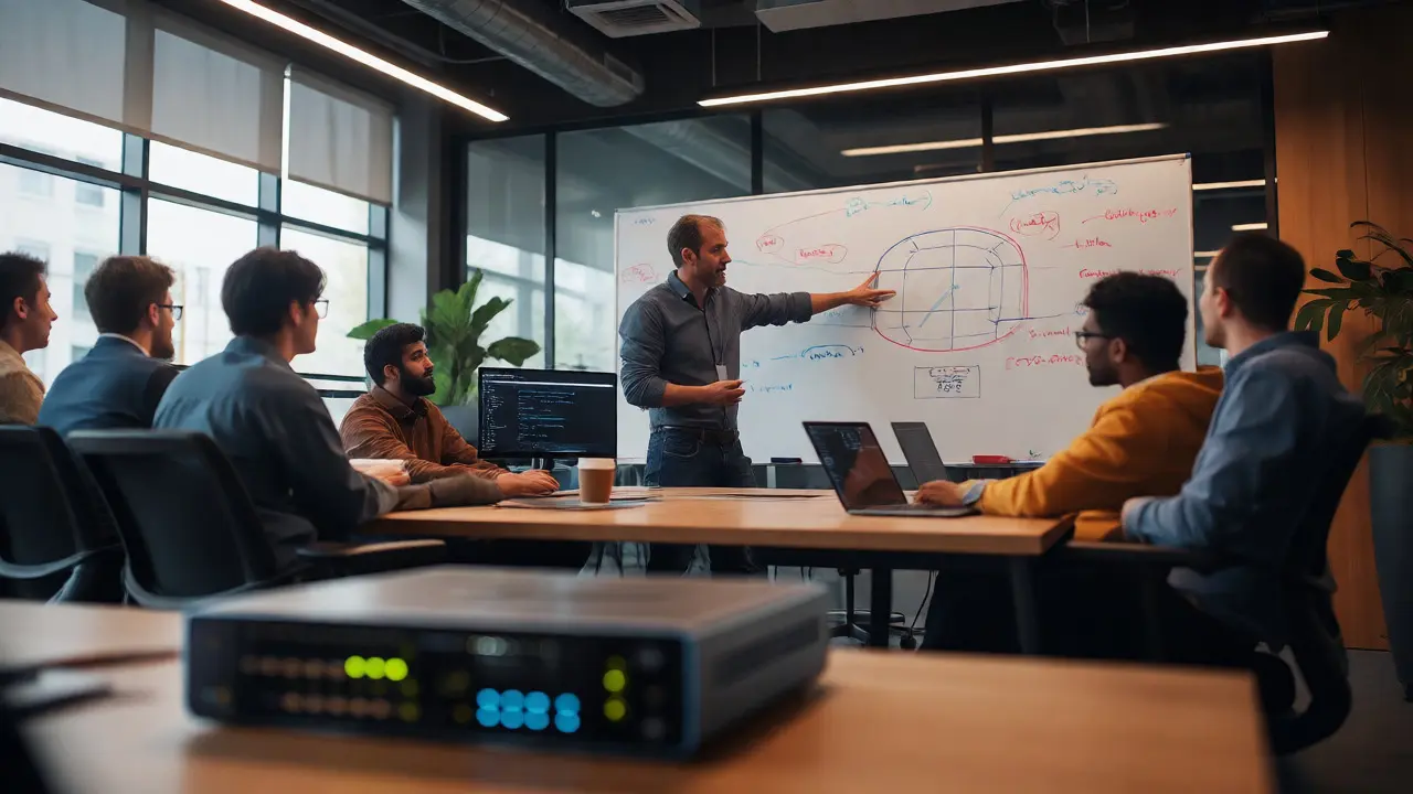 Team collaborating around whiteboard discussing AI-assisted architecture