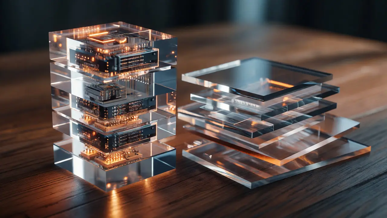 Transparent vertical blocks showing integrated tech layers vs horizontal sheets