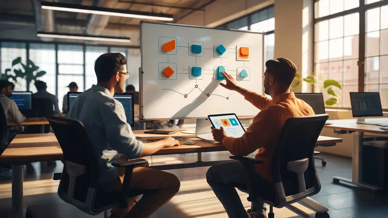 Two developers collaborating on feature modules in a bright modern office