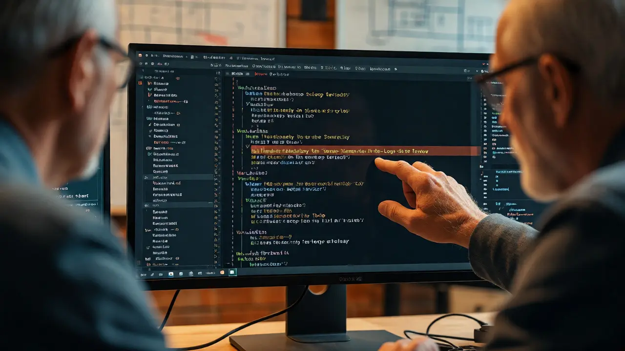 Two engineers reviewing code on a large screen in an office
