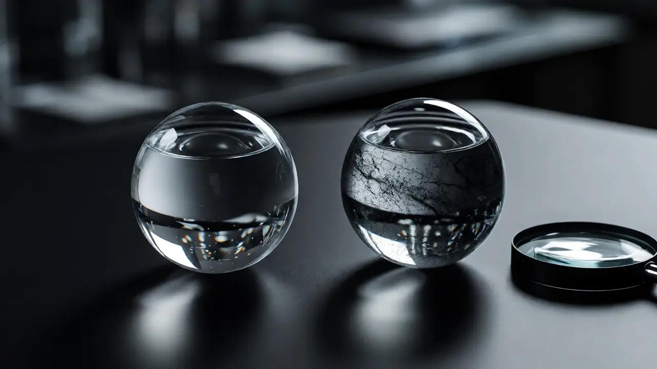 Two glass spheres comparing clear water and hidden particle impurities