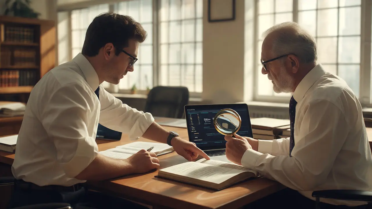 Two lawyers verifying AI output against physical legal databases in an office.